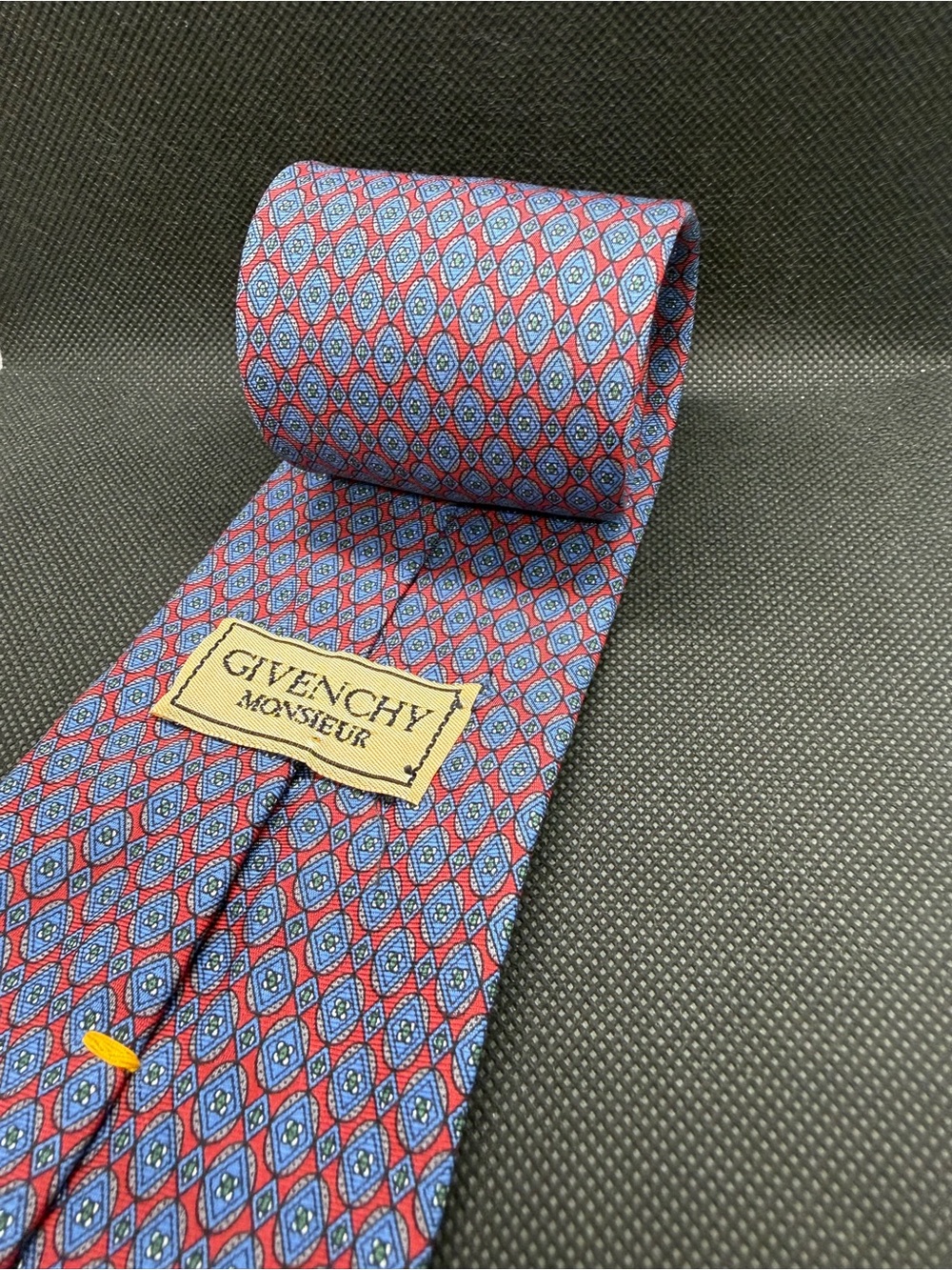 ⁠Givenchy Monsieur Silk Tie Red Blue Geometric Pattern Designer Necktie